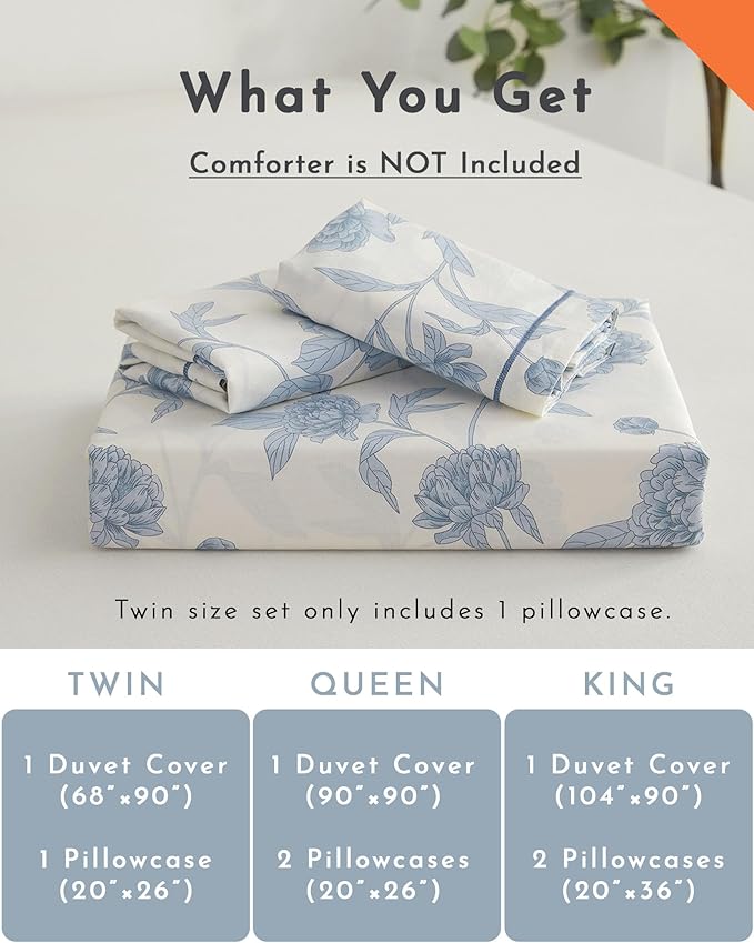 Elegant 100% Cotton Duvet Cover Queen Size - Soft Blue Peony Flowers on White, Vintage Bedding Set 3Pcs with Button Closure, 1 Duvet Cover 90"x90" and 2 Pillow Shams 20"x26"