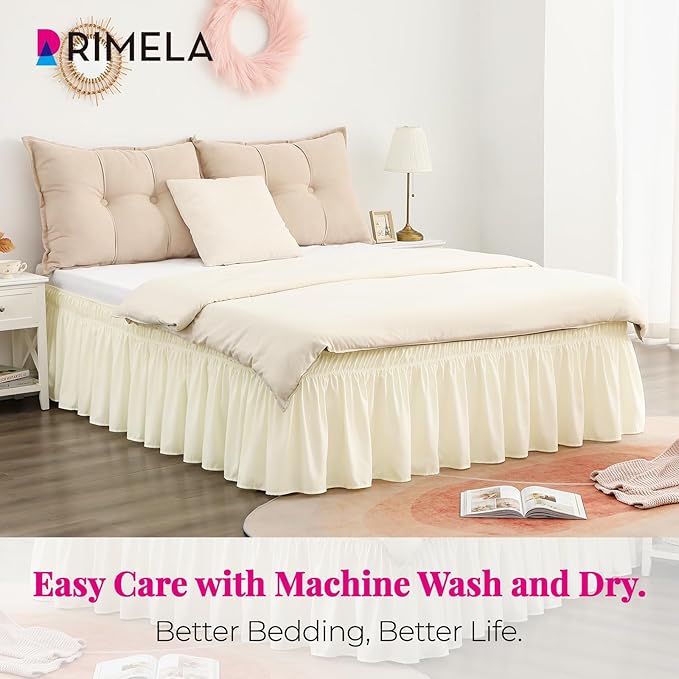 RIMELA Butter Yellow Bed Skirt Full Size 15 Inch Drop, Elastic Bed Skirting for Bed Base and Frame, Bedding Dust Ruffle Easy to Install, Lightweight Wrap Around Adjustable Bedskirt