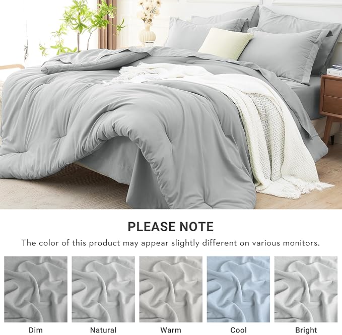 MUXHOMO 7 Pieces Queen Comforter Set, Soft Bed in a Bag Queen Size, All Season Bedding Set with Comforter, Flat Sheet, Fitted Sheet, Pillowcases & Shams, Light Grey
