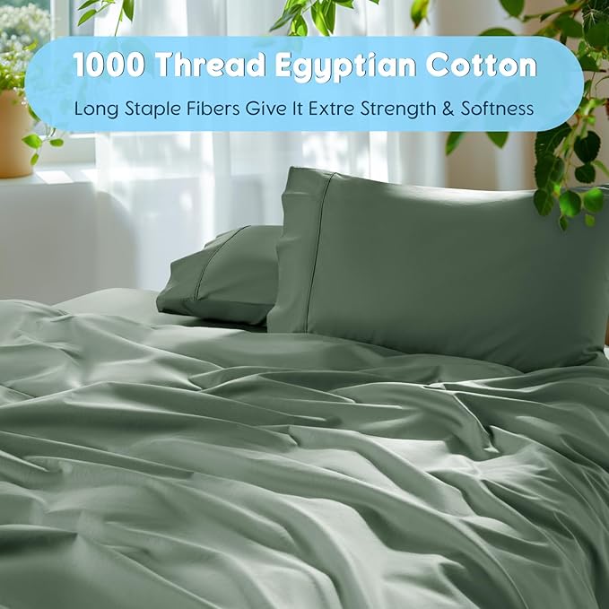 SONORO KATE 100% Egyptian Cotton Sheets Set, Extra Deep Pocket up to 18"-24",1000 High Thread Count, Soft & Breathable 5-Star Hotel Sateen Bed Sheets - 4 PC (Sea Glass,King)
