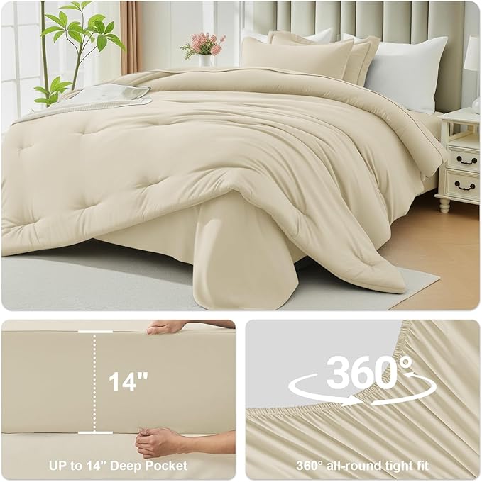 Queen Comforter Set 7 Piece - Soft Bed in a Bag Queen Size Comforter Sets, Cozy Luxury Bedding Sets with All Season Comforter, Flat Sheet, Fitted Sheet,2 Pillowcases & 2 Shams, Beige