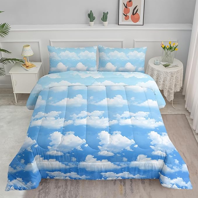 Axolotl Blue Cloud Comforter Set Full,Light Blue Bedding Set,Cloud Sky Comforter Set Blue Sky and White Clouds Design Bedding Set,Sky Blue Comforter for Kids Girls Boys Teens,1 Quilt 2 Pillowcases