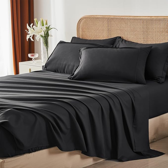 Yogeneg Queen Comforter Set 7 Piece Bed in a Bag,Grid Pinch Pleat Black Bedding Set,Striped Textured Soft Microfiber Comforter with Sheet Set,All Season Complete Bed Set(Black,Queen)