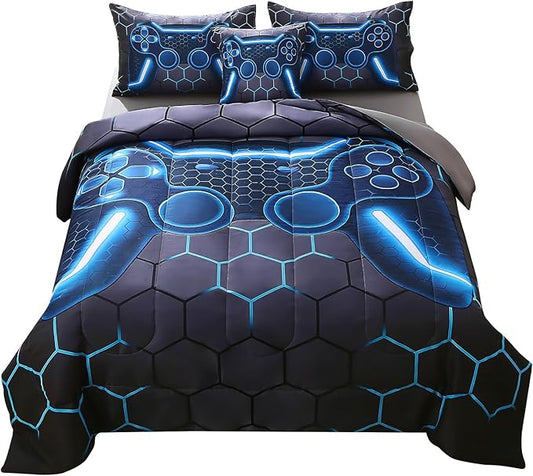JQinHome Twin Gamer Comforter Set for Boys,6 Piece Bed in A Bag 3D Video Game Bedding -All Season Soft Microfiber Down Alternative Comforter Gamer Bedding Sets for Kids