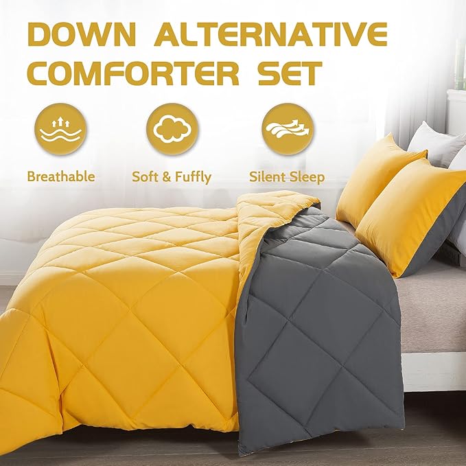 Decroom Lightweight Queen Comforter Set with 2 Pillow Sham - 3 Pieces Set - Quilted Down Alternative Comforter/Duvet Insert for All Season - Yellow/Grey - Queen Size