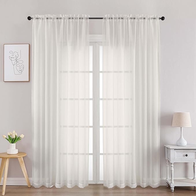 Chyhomenyc Ivory Sheer Curtains 84 Inches Long, Light Filtering Solid Color Window Sheers Curtain Panels, Elegant Curtains Drapes for Living Room Bedroom, 2 Panels (Ivory, 42" W x 84" L)