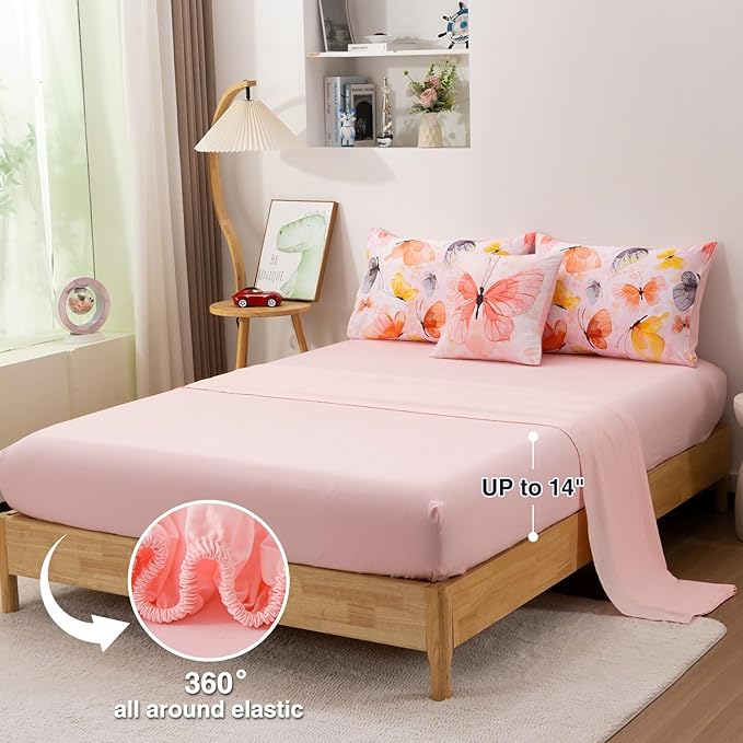 A Nice Night 6pcs Bed in A Bag Watercolor Ink Wash Tie-Dye Butterfly Printed, Butterflies Bedding Comforter Set, Orange Twin