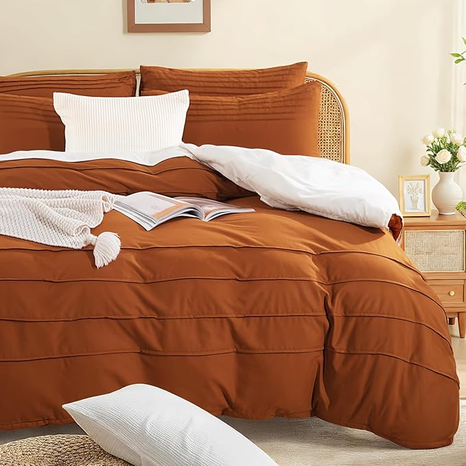 NEXHOME PRO 100% Organic Cotton Duvet Cover Set Twin Size Linen Pleated Design,Terracotta Burnt Orange, 2PC Bedding Set with Zipper Closure, Soft, Lightweight and Breathable (68"x90", No Comforter)