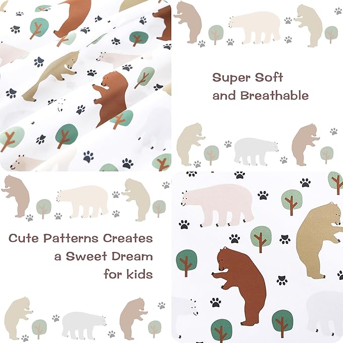 Kids Sheet Set Full Size, Full Sheet Set with Forest Bear Pattern，Breathable Silky Soft Microfiber Kids Fitted Sheet