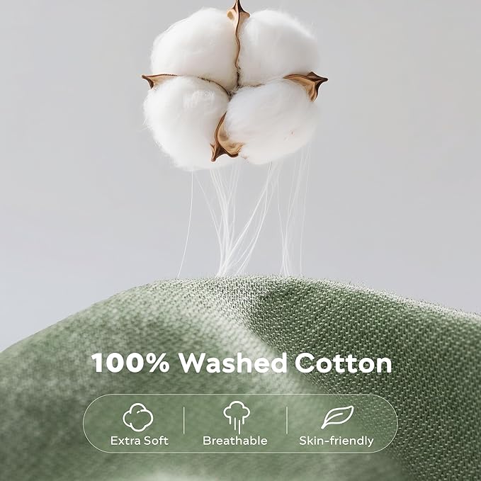 JELLYMONI Washed Cotton Duvet Cover Set King Size, Sage Green - Super Soft & Breathable Bedding Comforter Cover with Zipper, for Modern Home, Guest Room, and Everyday Use,1 Duvet Cover & 2 Pillowcases