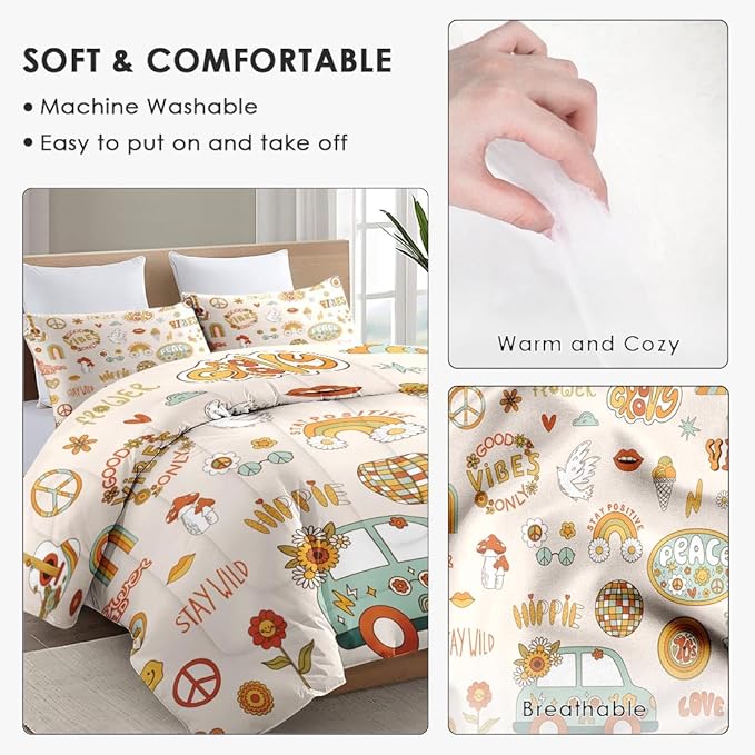 Full Size Comforter Set with 2 Pillowcases, Retro 70S Funny Hippie Psychedelic Soft 3 Pcs Bedding for Kids and Adults Bedroom Bed Decor