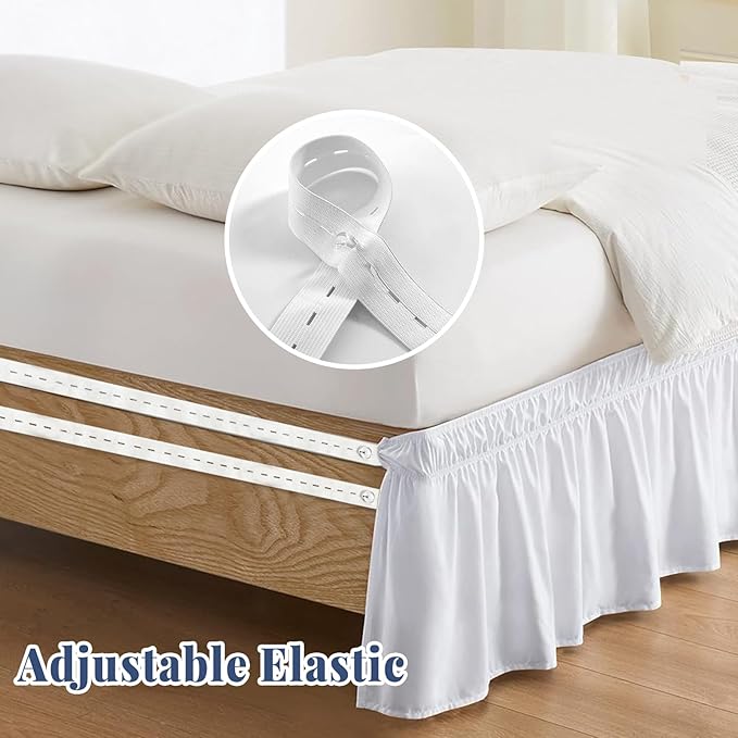 King Bed Skirt, Elastic Wrap Around Bed Skirt King Size, Bed Skirts for Adjustable Bed, Easy Fit with 14" Drop Length Tailored Drop Dust Ruffle (White)