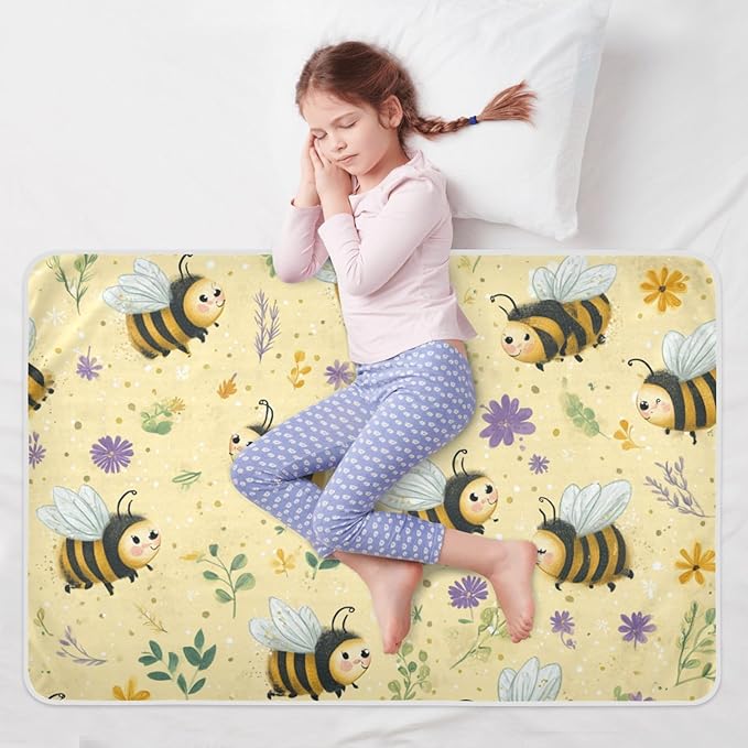 Waterproof Bed Pad Reusable Changing Pad Toddler Mattress Protector Large Pee Pad Baby Diaper Pad Soft Washable Liner Light Yellow Bees Floral Dots
