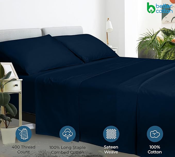 Royale Linens 400 Thread Count 100% American Grown Cotton Flat Sheet - Cooling Sheets - Twin Sheets - Luxury Sateen Weave - Twin Flat Sheet Sold Separately - Navy Flat Sheet Only (Twin, Rivera Navy)