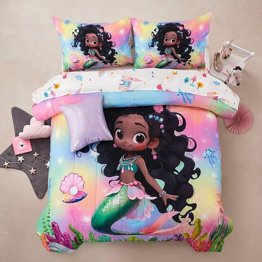 A Nice Night 6pcs Comforter Set,Black Girl Princess Mermaid with Green Tail Printed,Pink Gradient Glitter Rainbow Background Kids Bedding Set,Full