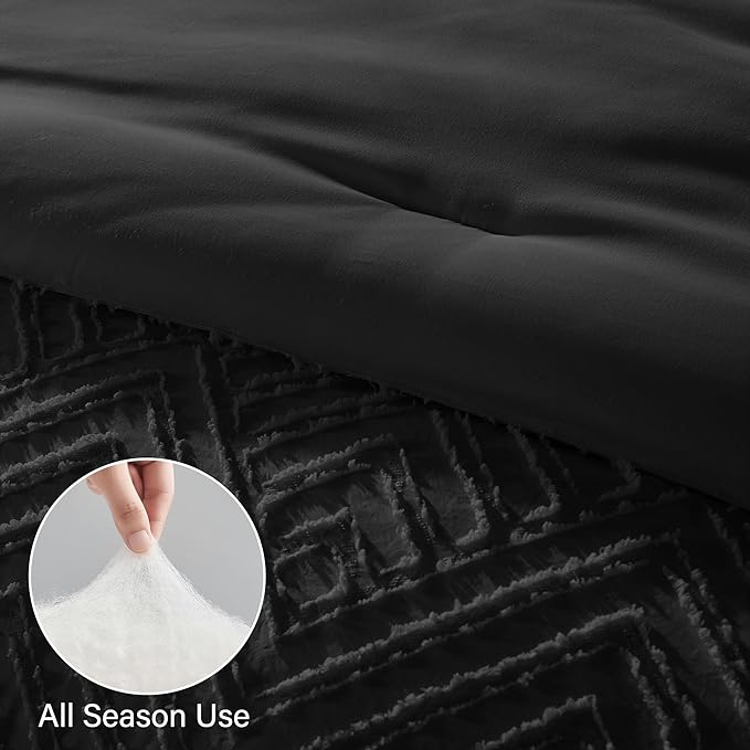 Zzlpp Twin Comforter Set 5 Pieces, Black Tufted Bed in a Bag with Comforter and Sheets, All Season Boho Bedding Sets with 1 Comforter, 1 Pillow Sham, 1 Pillowcase, 1 Flat Sheet, 1 Fitted Sheet