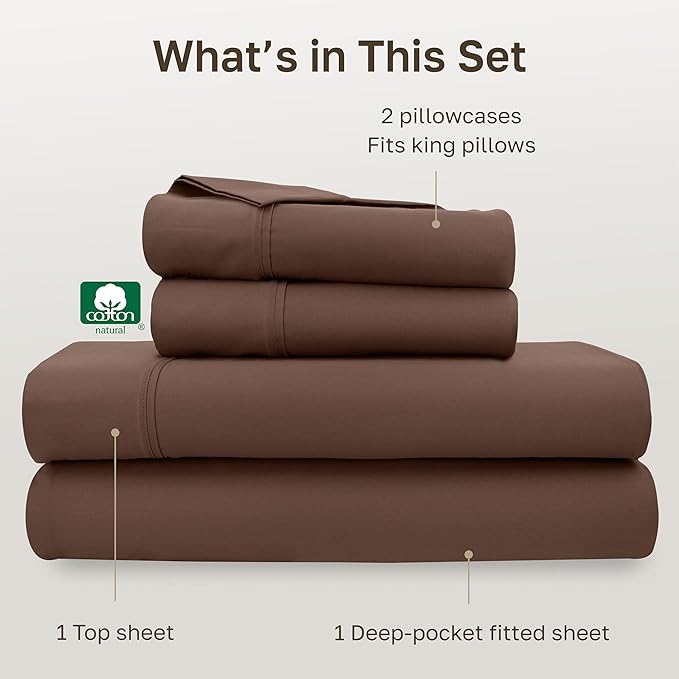 California Design Den Natural 100% Cotton King Size Sheets Set - Soft 400 Thread Count Sateen, Deep Pocket Bed Sheets, Breathable, and Durable Bedding Set - Espresso Chocolate Brown