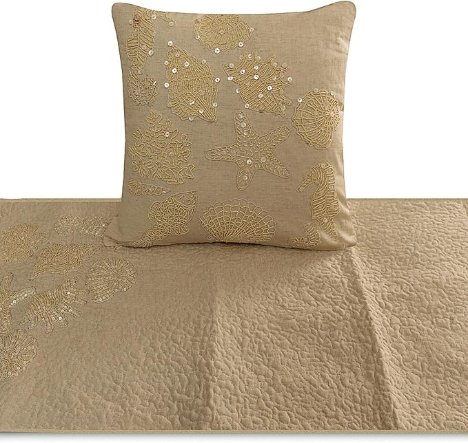 The HomeCentric King Queen Twin Beige Handmade King 90"x18" Bed Runner with 2 Pillow Cover, Pearl Embroidery Bed Scarf on Linen Fabric - Off to The Sea