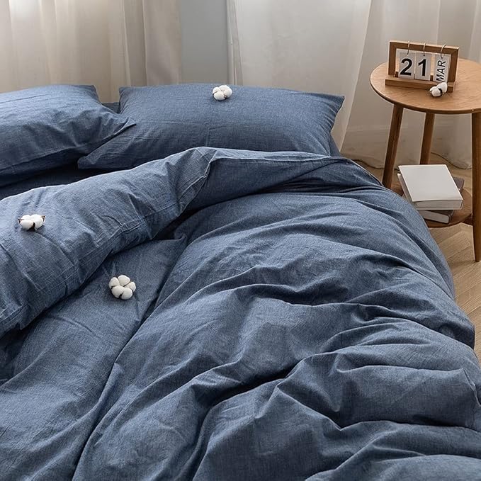 FACE TWO FACE Bedding Duvet Cover Set100% Washed Cotton Duvet Cover Linen Like Textured Breathable Durable Soft Comfy(Queen, Navy Blue)