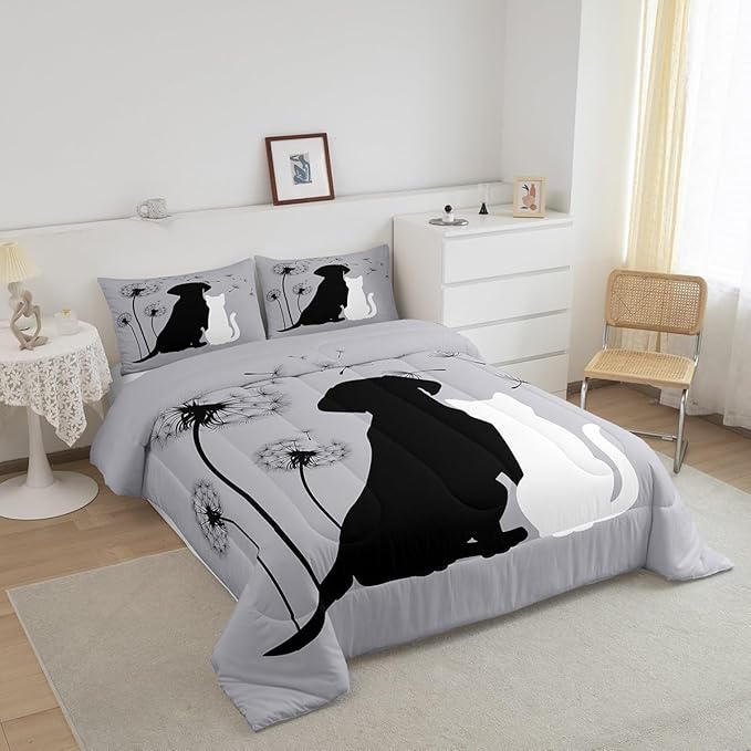 Cute Cat Dog Bedding Sets Twin, Kawaii Puppy Kitten Couple Comforter Set for Girls Boys Kids Teens, Dandelion Botanical Flowers Duvet Set, Cartoon Pet Animals Quilted Comforter with 2 Pillow Covers