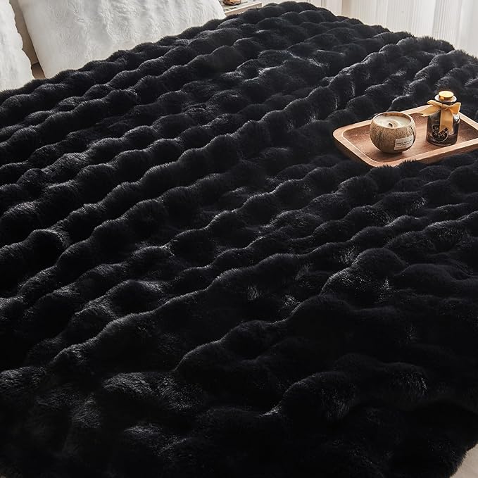 EMME Faux Fur Duvet Cover Twin Size, 2 Pieces Ultra Soft Fluffy Comforter Cover, Cozy Warm for Winter, Luxury Elegant Shaggy Bubble Design Bedding, 1 Duvet Cover & 1 Pillow Shams (Twin, Black)