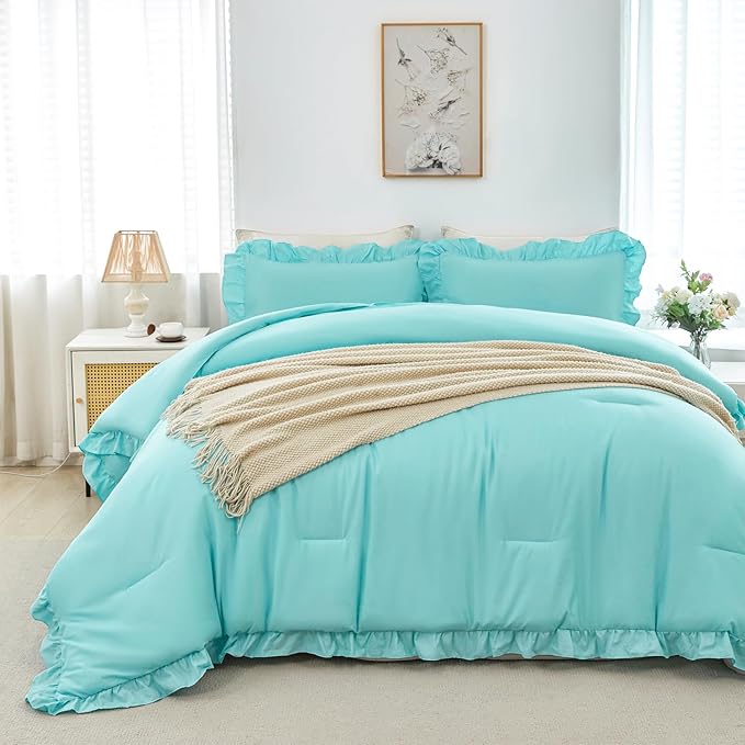 ANGIYUIN 5Pcs Queen Size Ruffled Comforter Sets Aqua Blue Ruffle Bedding Sets Farmhouse Bed Sets Solid Elegance Bed in A Bag for Girls Women（Aqua Blue Queen）