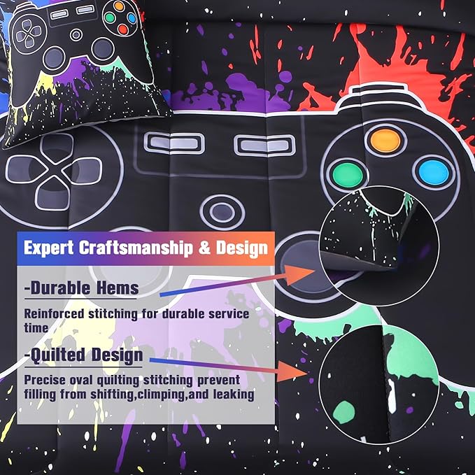 JQinHome Queen Gamer Comforter Sets for Boys,8 Piece Bed in A Bag 3D Video Game Bedding -All Season Microfiber Gamer Bedding Sets for Kids, with Pillowcase, Flat & Fitted Sheet,Cushion Cover(Black)