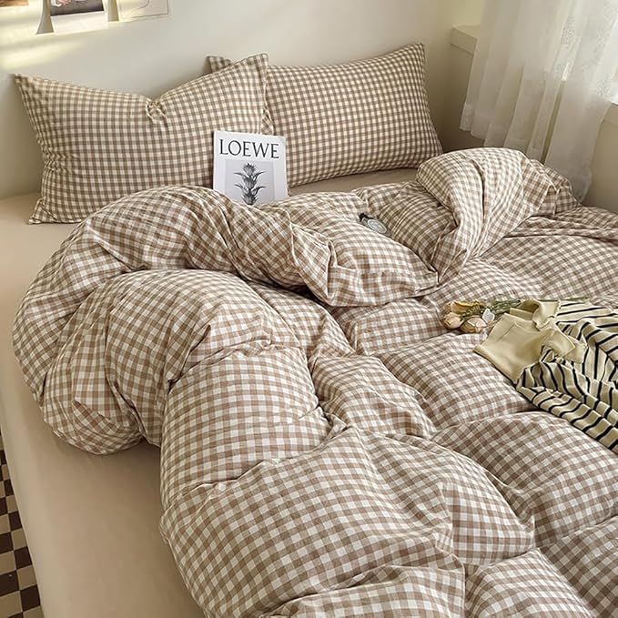 Nayoroom Brown Gingham Duvet Cover Queen Size Tan White Plaid Checkered Duvet Cover Grid Dorm Bedding Set 3 Pieces Soft Lightweight Washed Microfiber Farmhouse Bedding with Pillowcases