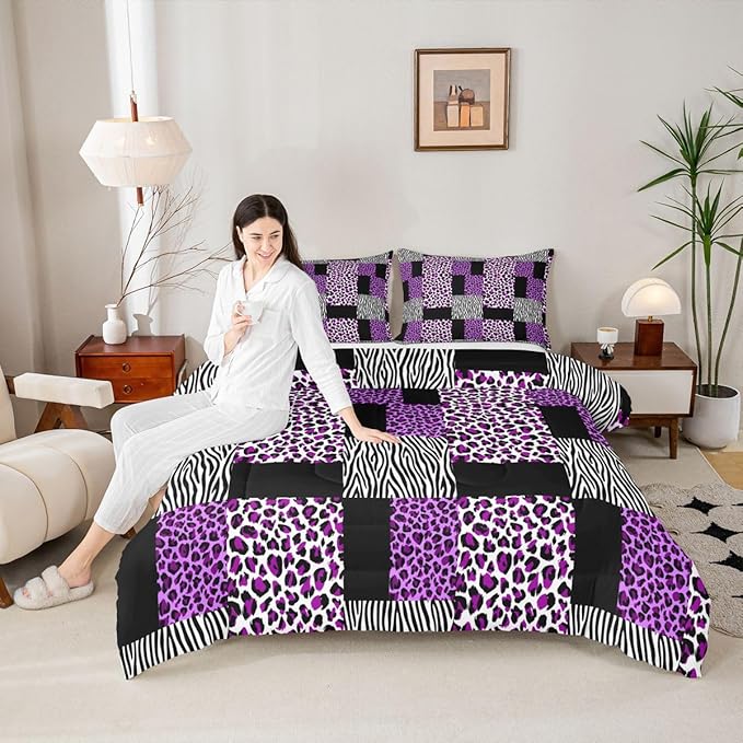 Erosebridal Purple Leopard Bedding Set Patchwork Cheetah Print Comforter Sets King Size for Girls Teens Adults Women Bedroom Black Zebra Pattern Duvet Sets Animal Skin Down Comforter 2 Piece