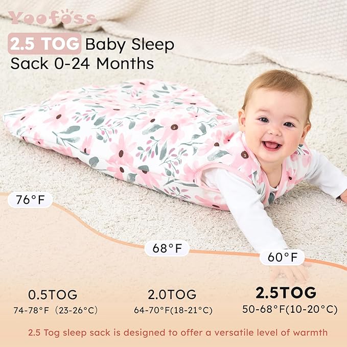 Yoofoss Baby Sleep Sack 6-12 Months, TOG 2.5 Baby Wearable Blanket with 2-Way Zipper, 100% Organic Cotton Fabric Winter Newborn Sleeping sack, Warm Soft Comfy(Medium)