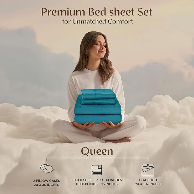 Utopia Bedding Queen Size Sheet Set – 4 Piece Bed Sheets, Soft and Breathable Microfiber, Includes 1 Fitted Sheet, 1 Flat Sheet and 2 Pillowcases – Oeko-Tex - (Denim Blue)