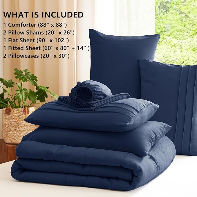 CozyLux Queen Comforter Set Navy Blue, 7 Pieces Soft Pinch Pleat Bed in a Bag Queen Comforter Set with Sheets, Boho Bed Set with Down Alternative Comforter, Sheets, Pillowcases & Shams