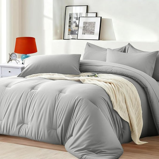 King Size Comforter Set 7 Pieces - Soft Bed in a Bag King Bed Set, Cozy Luxury Bedding Sets with All Season Comforter, Flat Sheet, Fitted Sheet, 2 Pillowcases & 2 Shams, Light Gray