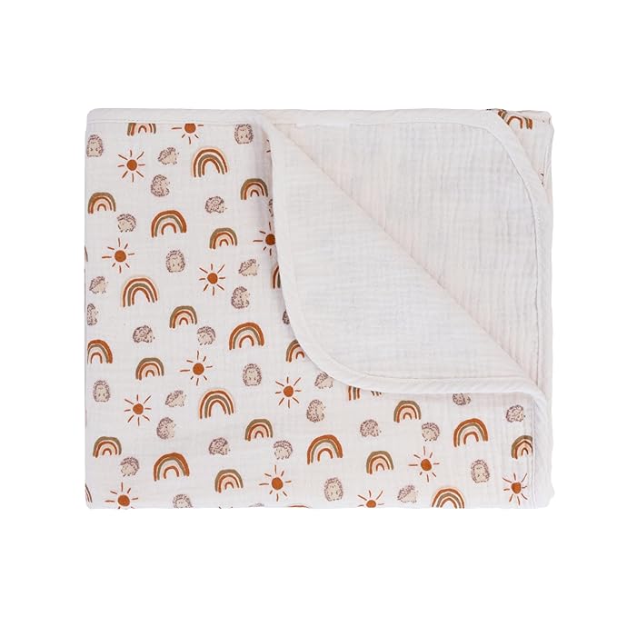 Muslin Baby Blankets Neutral, 40"x36" Toddler Blanket, Reversible Soft Baby Blankets for Boys & Girls, 100% Cotton Toddler Bed Blanket Oeko-TEX Designed in France - Rainbow + Beige Nursery Blanket