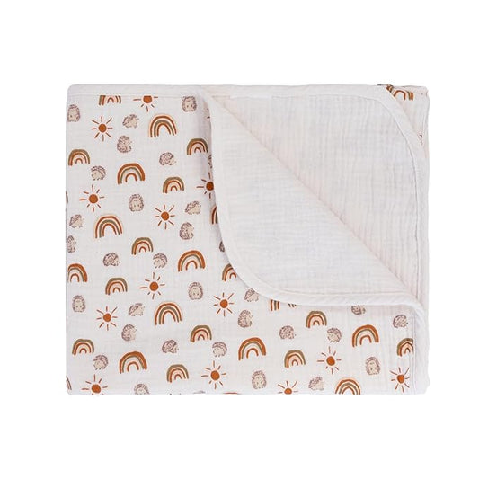 Muslin Baby Blankets Neutral, 40"x36" Toddler Blanket, Reversible Soft Baby Blankets for Boys & Girls, 100% Cotton Toddler Bed Blanket Oeko-TEX Designed in France - Rainbow + Beige Nursery Blanket