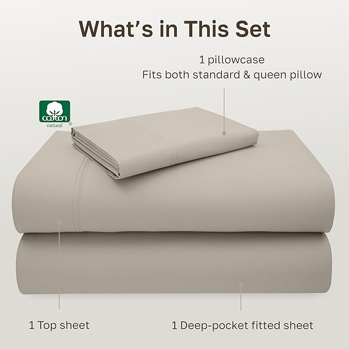 California Design Den Natural 100% Cotton Sheets Twin Size Bed Set - Luxury 600 Thread Count Sateen, Hotel Quality Fully Elasticized Deep Pocket Twin Cotton Sheets, Cool and Durable - Soft Linen