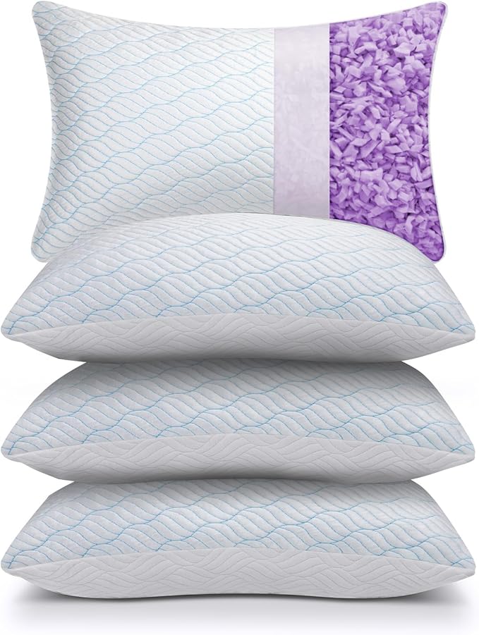Cooling Pillows Queen Size Set of 4, Shredded Memory Foam Pillows with Zipper, Adjustable Firmness for Sleeping Cool Cold Pillow for Hot, Side Sleepers,20x30,4 Pack