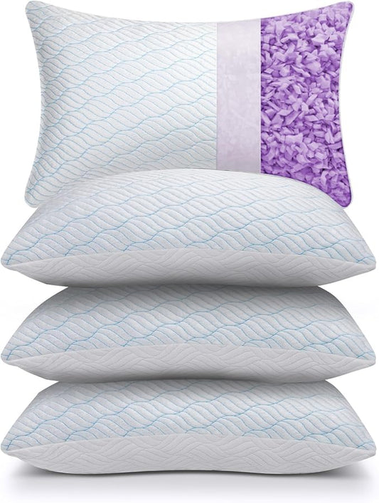 Cooling Pillows Queen Size Set of 4, Shredded Memory Foam Pillows with Zipper, Adjustable Firmness for Sleeping Cool Cold Pillow for Hot, Side Sleepers,20x30,4 Pack