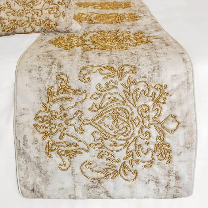 The HomeCentric King/Queen/Twin Ivory & Gold Decorative King 90"x18" Bed Runner with 2 Pillow Cover, Beaded & Foil Bed Scarf on Silk Fabric - Foil Damask Gold