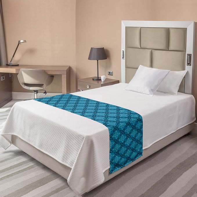 Lunarable Flower Bed Runner, Moroccan Flowers Design Geometric Blossoming Petal Pattern, Decorative Accent Bedding Scarf for Hotels Homes and Guestrooms, Twin, Ocean Blue