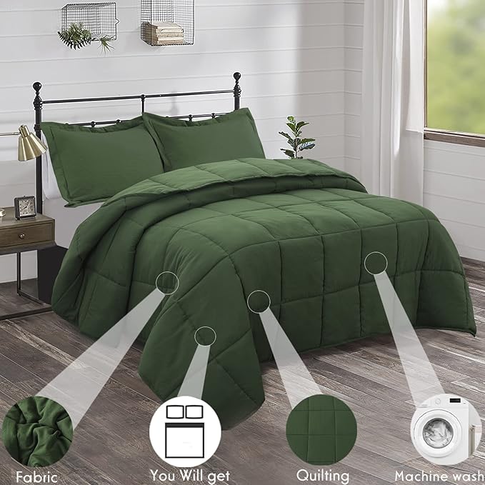 HIG 3pc Prewashed Green Queen Size Comforter Duvet Insert - All Season Quilted Down Alternative Comforter with Corner Tabs - Box Stitched - 250GSM Fiberfill Farmhouse Style Bedding(Salomon)
