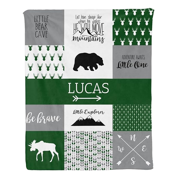 Personalized Baby Blankets for Boys, Baby Blanket for Boys with Name, Soft Plush Receiving for Newborns - Essential Baby Items, Woodland Bear Forest Green 35x45 Inches
