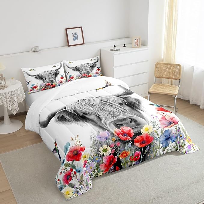 Highland Cow Comforter Set King, Red Poppy Floral Bedding Set for Teens Boys Girls Adult, Hummingbird Western Funny Animals Quilt Set Cattle Bull Cattle Wild Animals Farmhouse Down Comforter