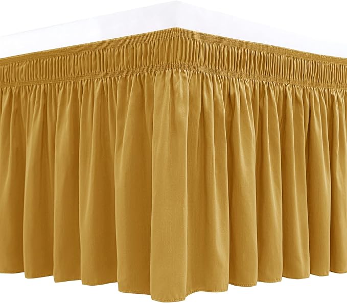 Biscaynebay Wrap Around Bed Skirts for King & Cal King Beds 17" Long Drop, Gold Adjustable Elastic Dust Ruffles Easy Fit Wrinkle Resistant Silky Luxurious Fabric Machine Washable