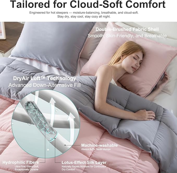 KASENTEX King Comforter Set – Reversible Dual Color – Goose Down Alternative – Ultra-Soft, Lightweight, Machine Washable, Maintain Fluffiness, All Season Warmth (Pink Potpourri/Quartz Silver)