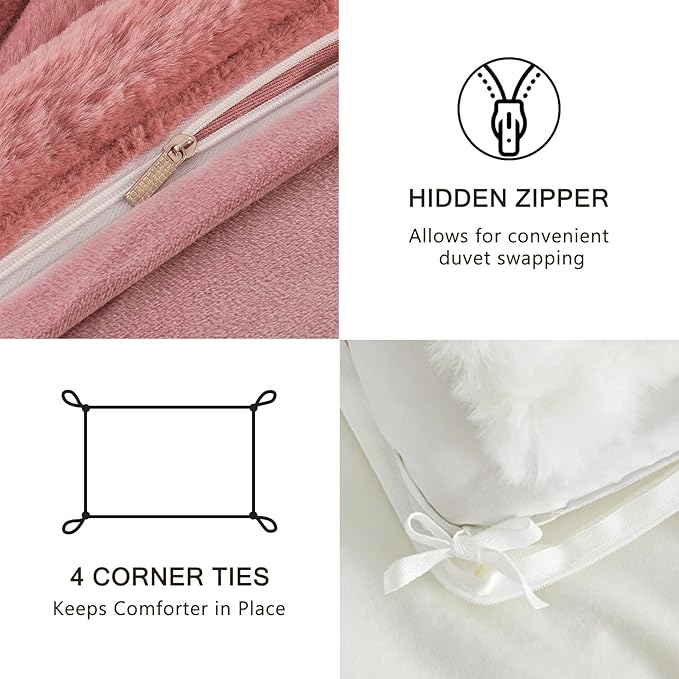EMME Faux Fur Duvet Cover King Size, 3 Pieces Ultra Soft Fluffy Comforter Cover, Cozy Warm for Winter, Luxury Elegant Shaggy Striped Design Bedding, 1 Duvet Cover & 2 Pillow Shams (King, Old Pink)
