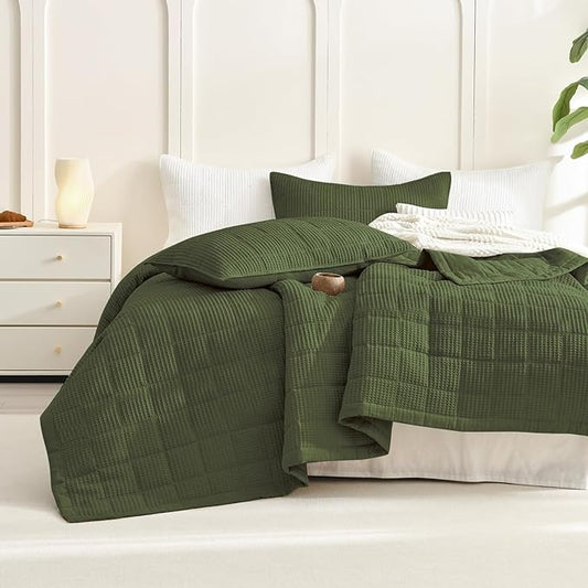 Sanracie Cotton Oversized King Bedspread (128"x120"), Olive Green Waffle Weave Quilt Set 3Pcs Extra Large Wide Farmhouse Bedding Set Soft Breathable Aesthetic Bed Coverlet for All Season