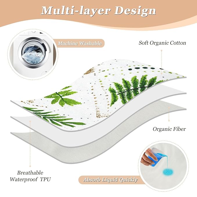 Waterproof Bed Pad Reusable Changing Pad Toddler Mattress Protector Large Pee Pad Baby Diaper Pad Soft Washable Liner Green Boho Leaves