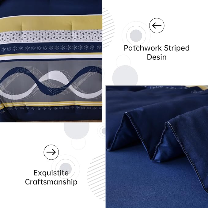 Anibedding Striped Comforter Set King Size,8 Pieces Bed in a Bag Navy Blue Yellow Patchwork Bedding Sets,Boho Soft Microfiber Bedding Set for All Season(104"×90")