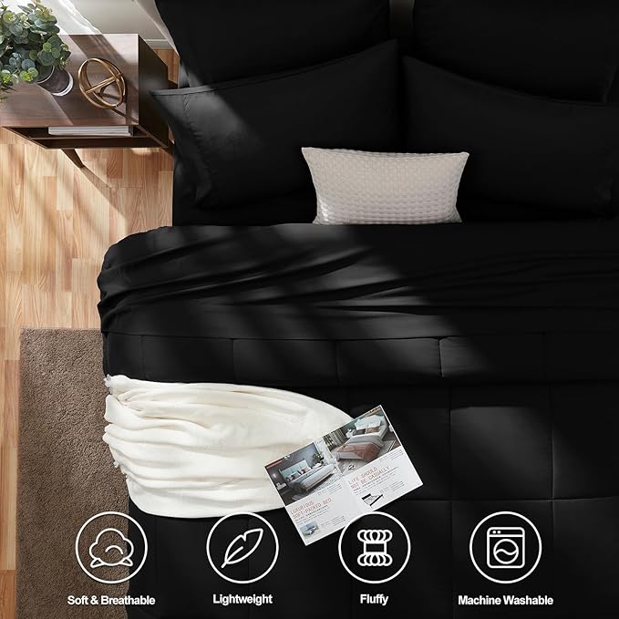 CozyLux Queen Comforter Set Black, 7 Pieces Bed in a Bag, Black Comforter Queen Size, All Season Bedding Sets with Stitch Quilted Comforter, Flat Sheet, Fitted Sheet, Pillowcases (Pack of 2)
